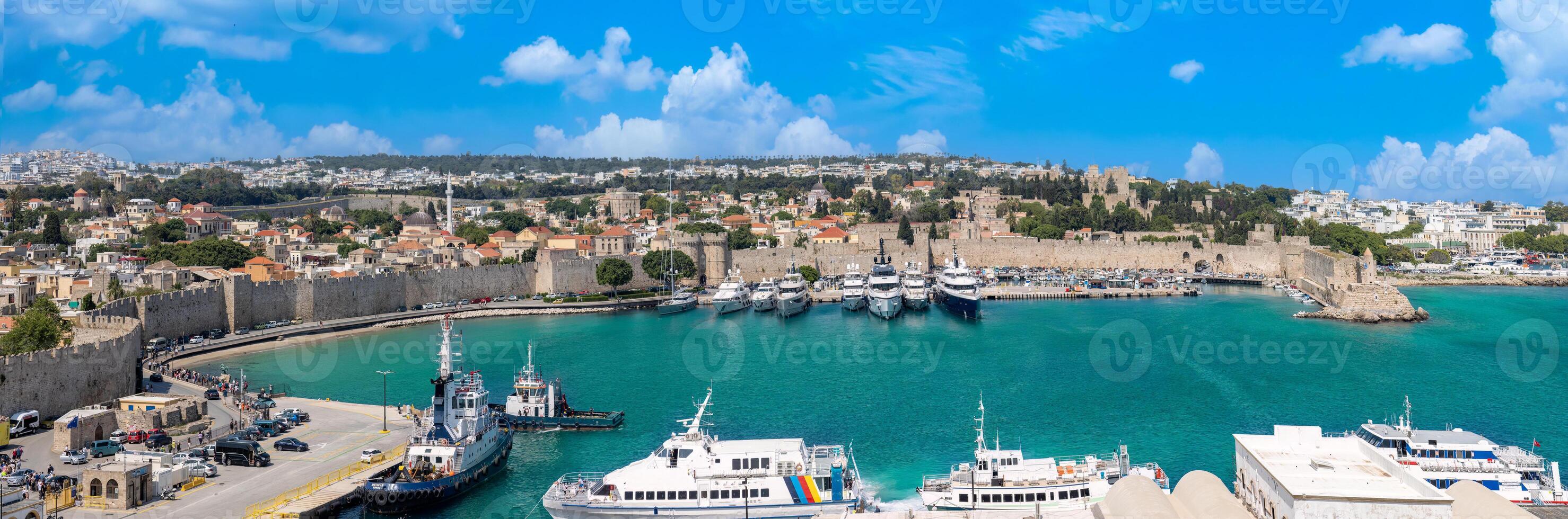Greece Islands, scenic panoramic sea views of Rhodes island from docked cruise ship photo