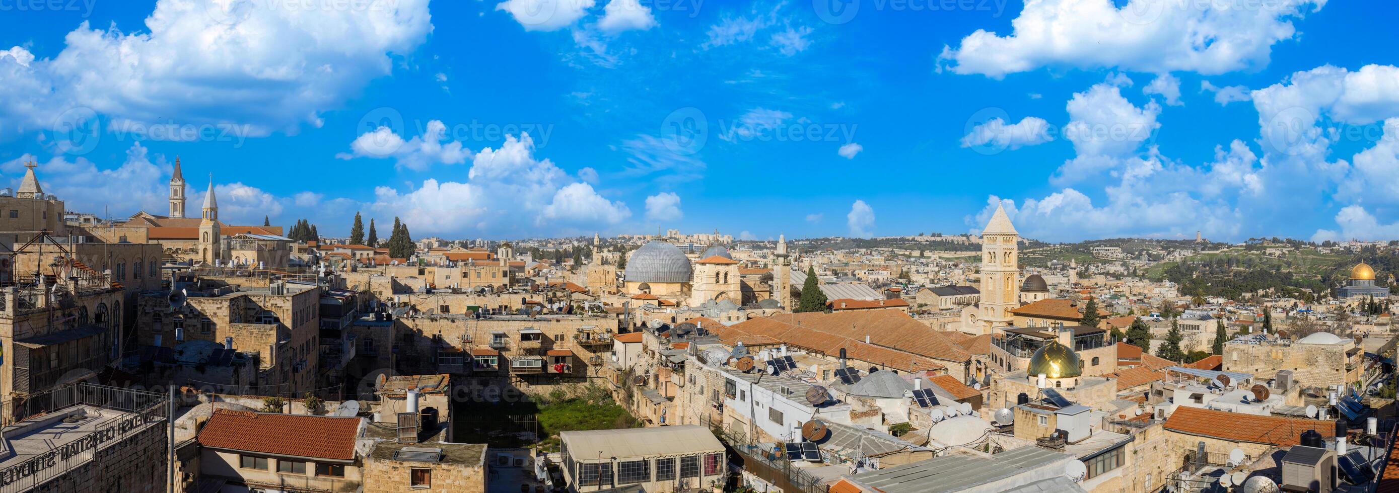 Israel, Panoramic skyline view of Jerusalem Old City in historic center with Tower of David in the background photo