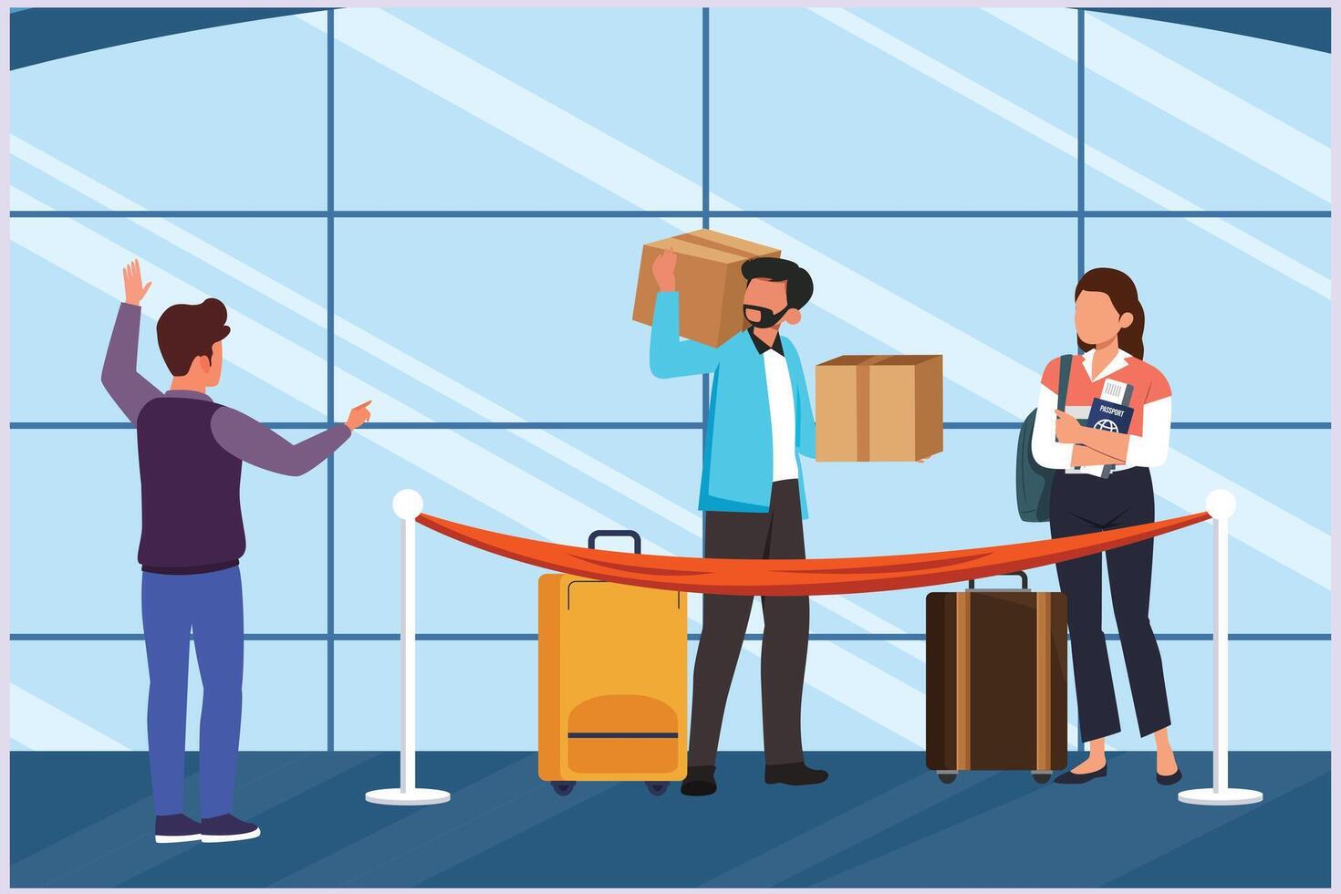 Happy people traveling at airport. Concept of passenger activities at the airport. Colored flat vector illustration isolated.