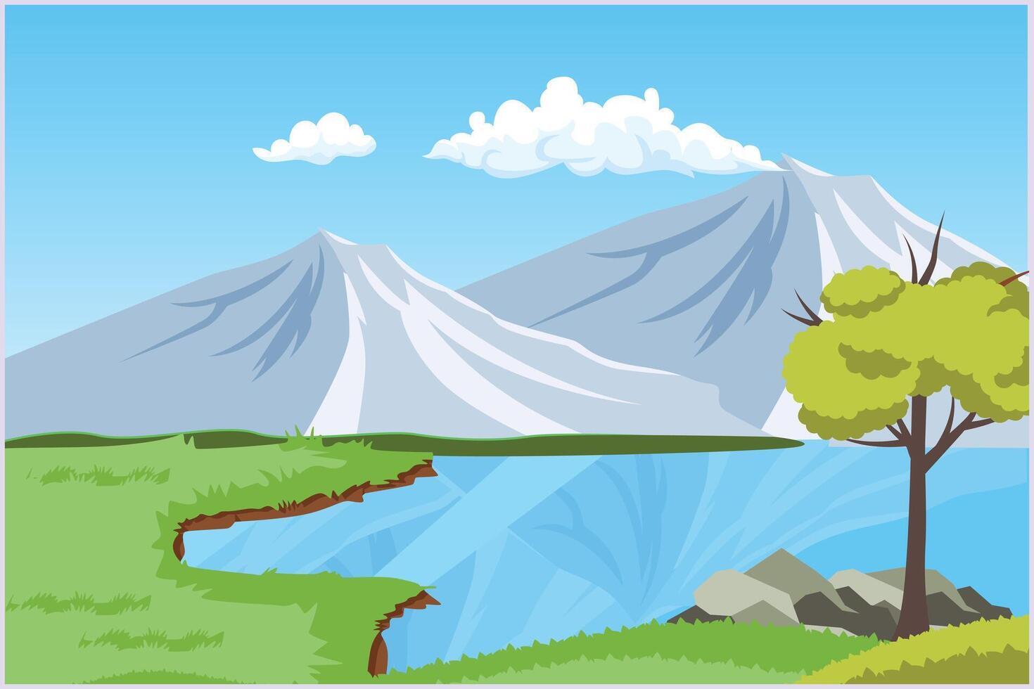 paisaje con verde césped, árboles, cielo horizonte y montañas. naturaleza concepto. de colores plano vector ilustración aislado.