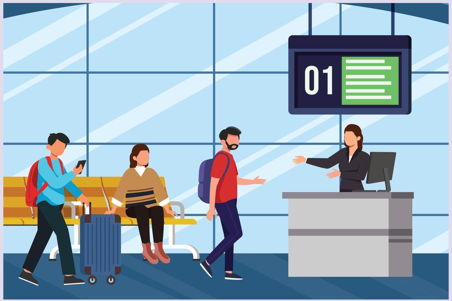 Happy people traveling at airport. Concept of passenger activities at the airport. Colored flat vector illustration isolated.
