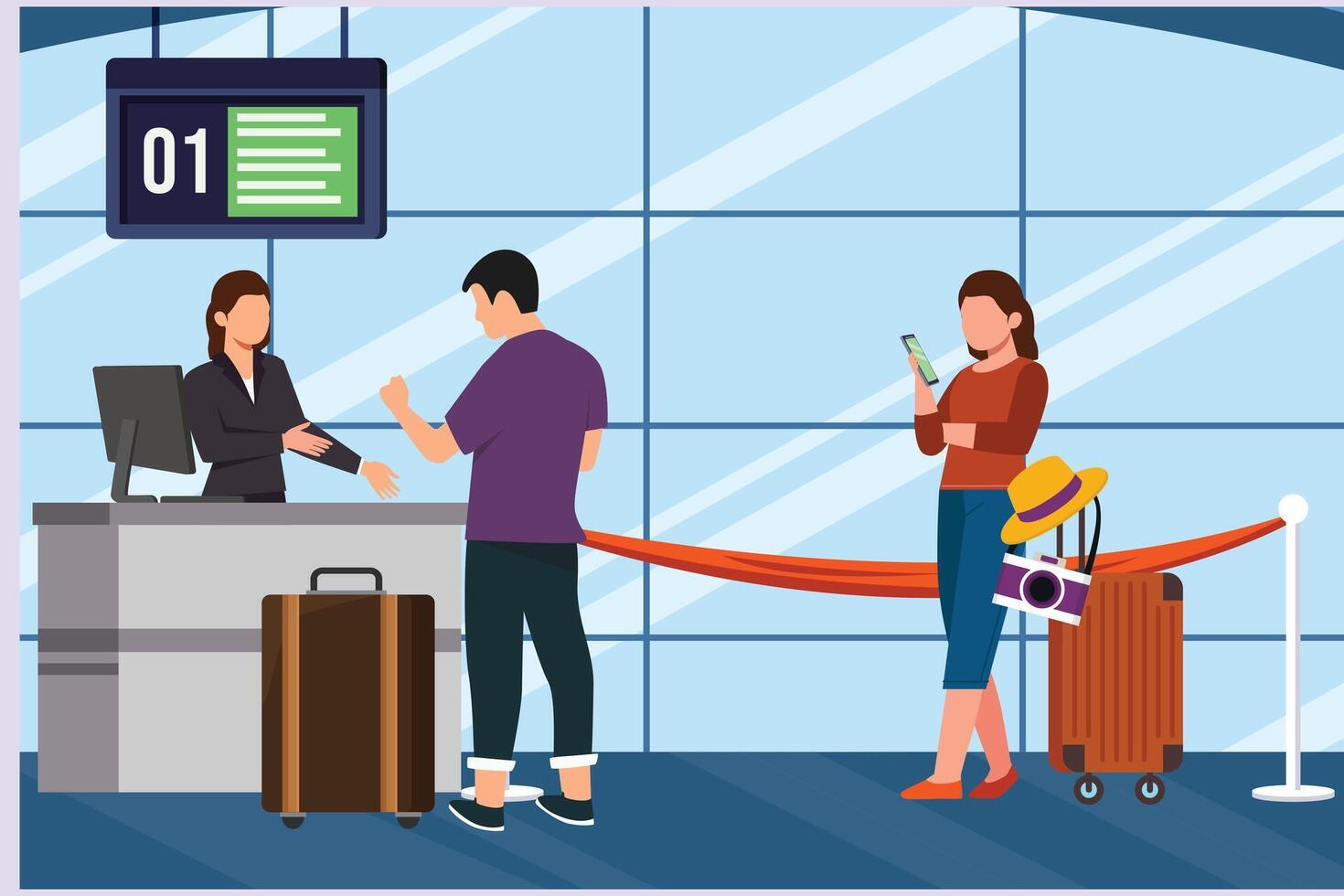 Happy people traveling at airport. Concept of passenger activities at the airport. Colored flat vector illustration isolated.