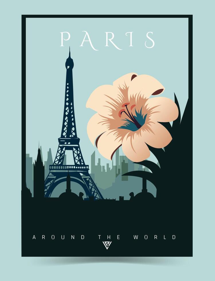 Paris City poster illustration. Around the world, cityscape and skyline vintage poster art of Paris city with Eifel Tower. vector