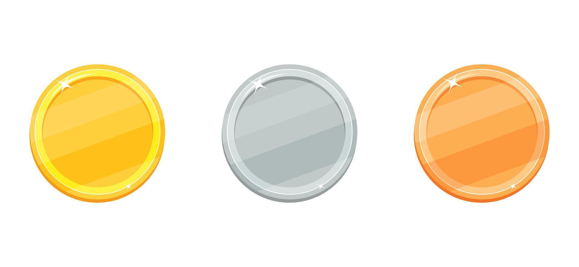 Set of medallions in gold, bronze and copper colors. Round coins in cartoon style. Blank badges for awards. vector