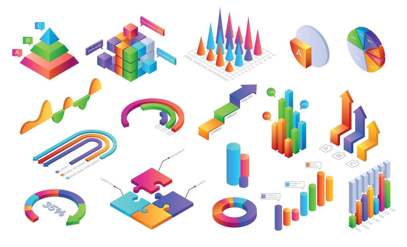 Infographic 3D elements. Isometric graphic charts progress bars with people icons for business presentation layout and financial analytic. Vector set