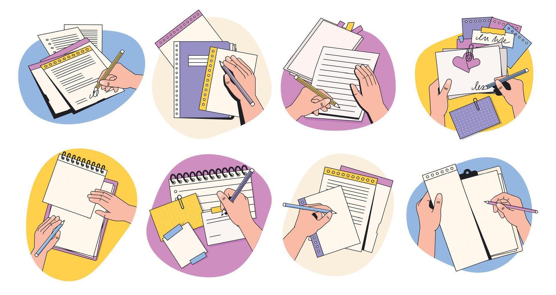 Hands making notes collection. Doodle writing and drawing symbols, finger sketch and writing symbols on notebook page flat style. Vector isolated set