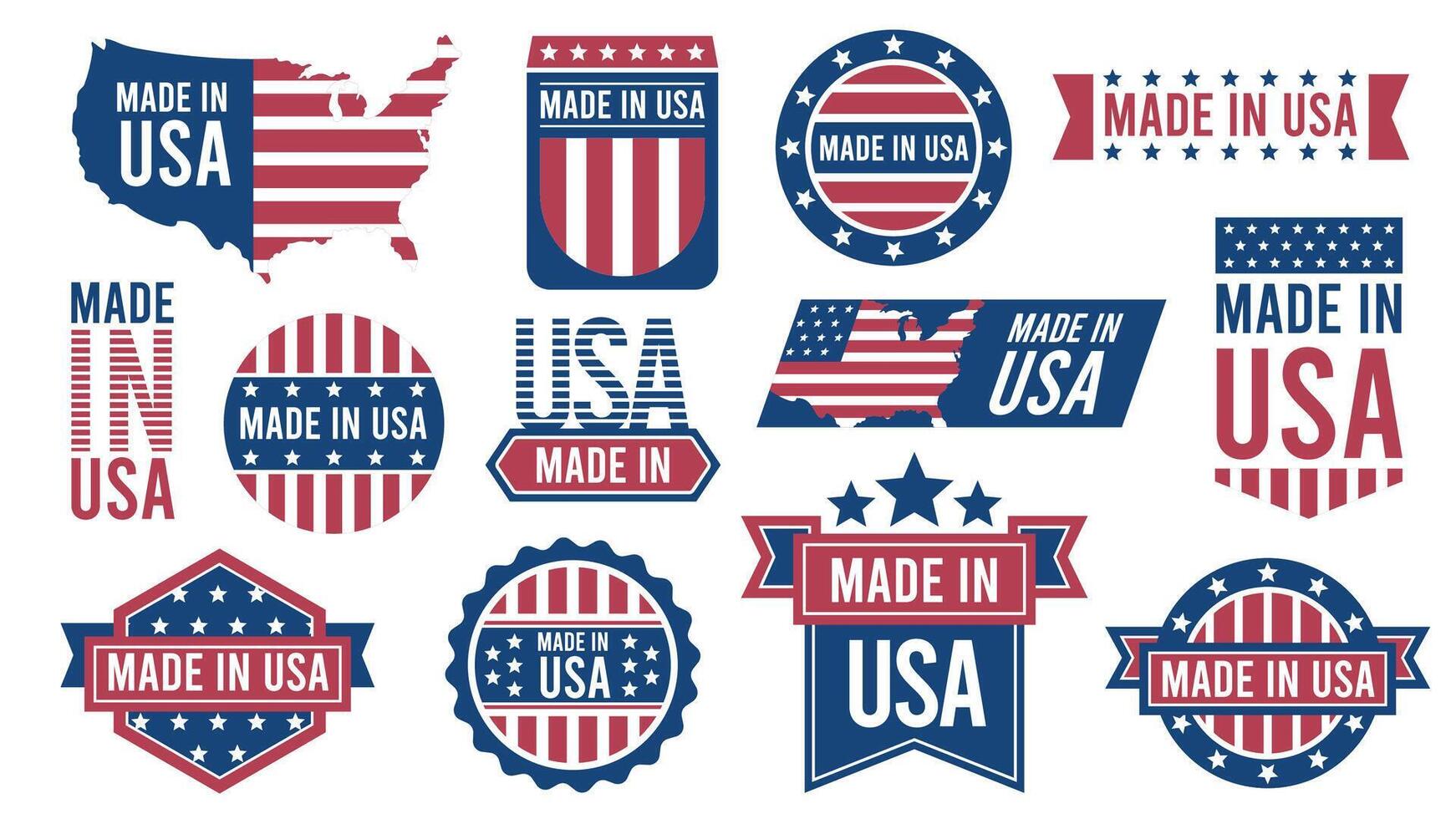 Made in USA badges. American national flag label with text and seal, vintage usa stamp with guarantee. Vector patriotic emblem set