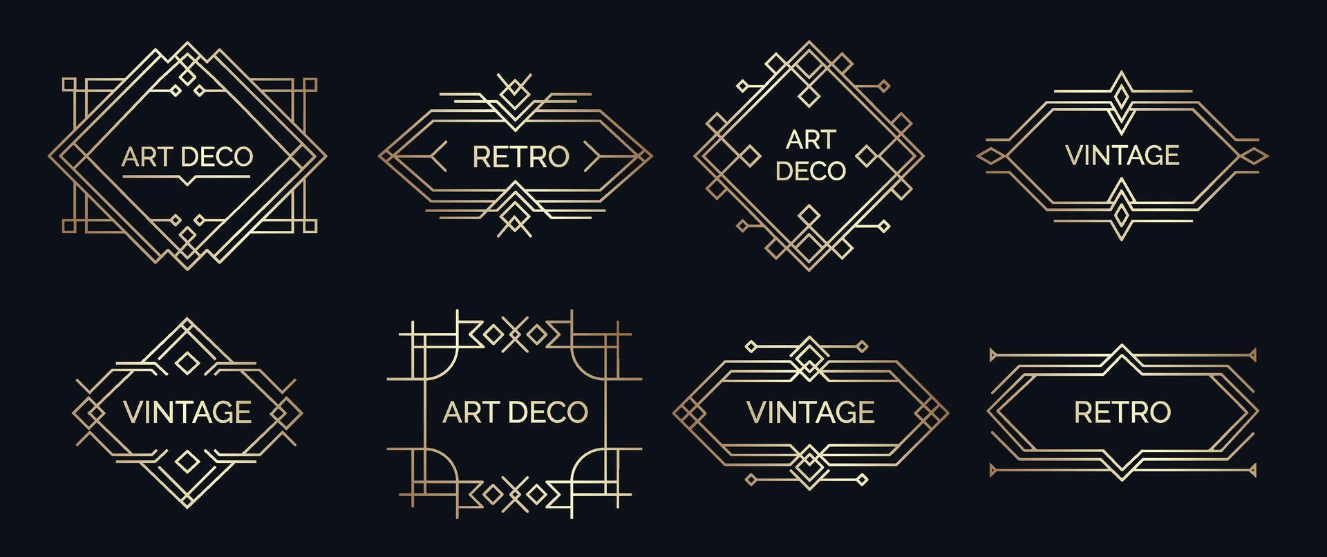 Arte deco etiquetas. retro geométrico formas con elegante Arábica letras, Clásico mínimo emblema para lujo prima estampilla. vector aislado conjunto