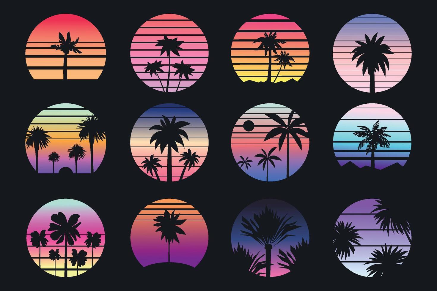 retro palma puesta de sol etiquetas. exótico tropical isla paisaje con a rayas Dom y playa paisaje. vector retrowave verano fiesta logo
