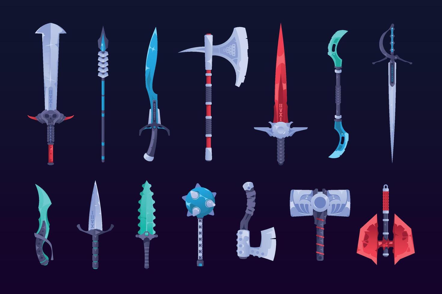 Game weapon. Colorful fantasy warrior battle attack ammunition knife sword mace sabre axe stiletto, cartoon gaming design elements. Vector set