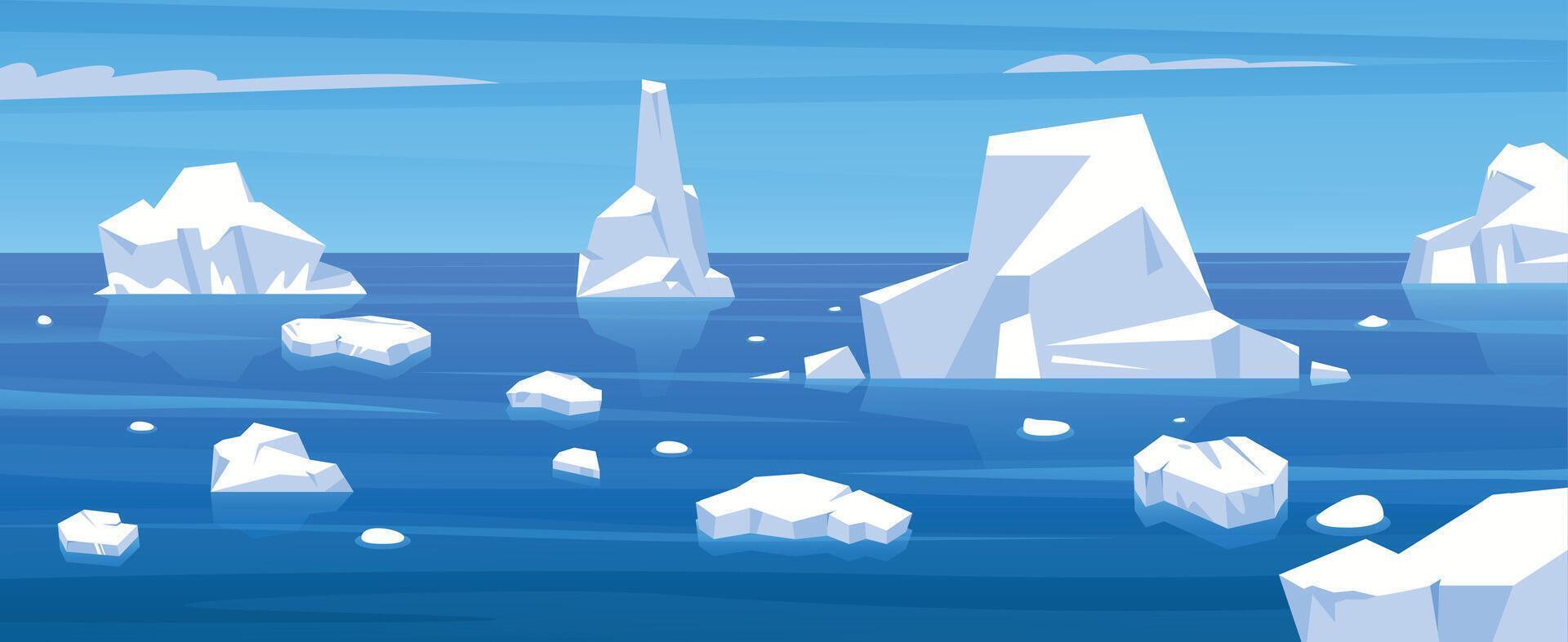 Arctic landscape. Cartoon winter scene with floating iceberg and frozen glacier pieces, ice north panorama, global warming concept. Vector background