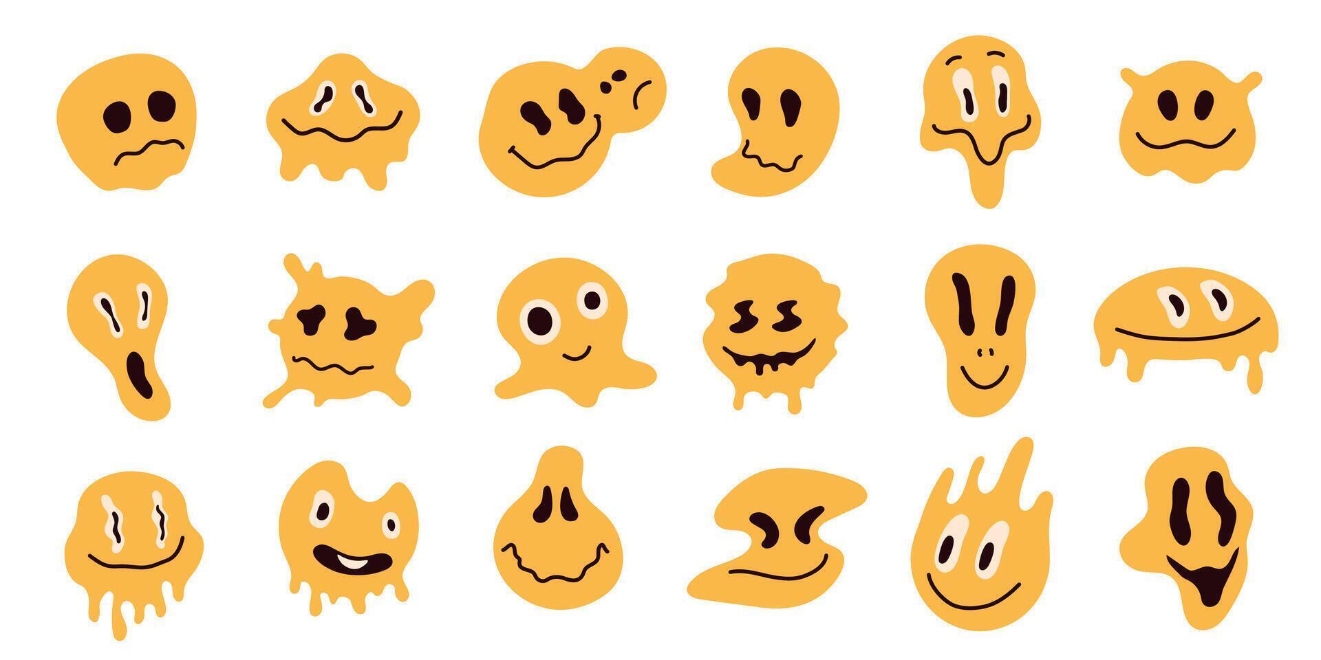 distorsionado emoticonos psicodélico resumen emoji caracteres con goteo, sonrisa, fruncir el ceño y enojado sentimientos, linda resumen emojis vector vistoso conjunto