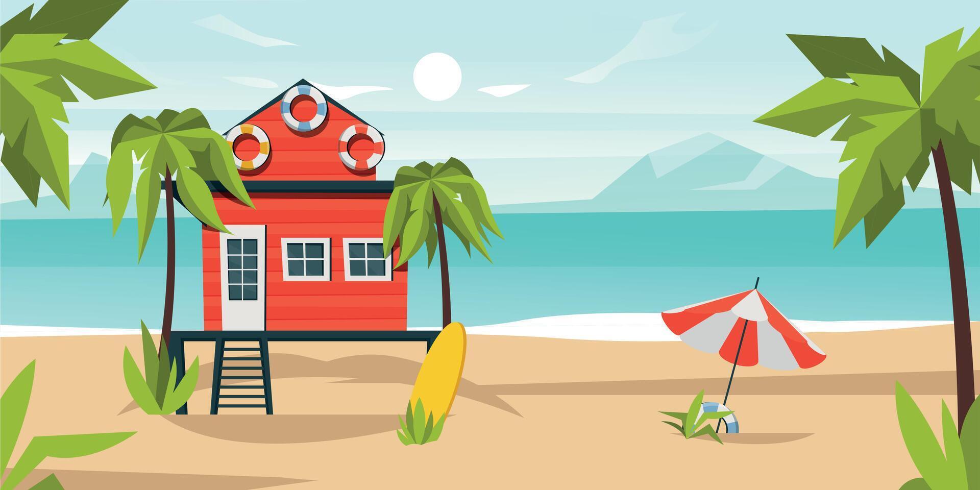 Beach bungalow house background. Cartoon tropical landscape with sand and water, tropical coast with palm trees, idyllic paradise hotel. Vector illustration