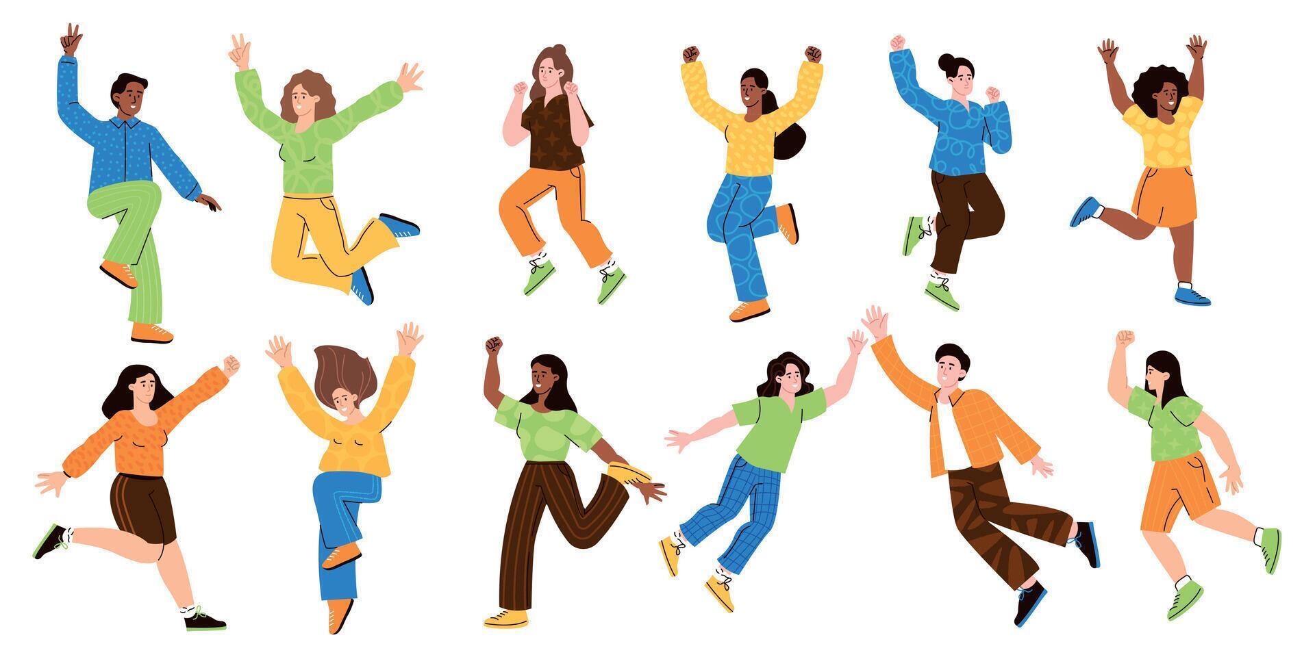 Happy jumping people. Cartoon team characters celebrate together, group of cheerful friends jogging joyful together. Vector happy celebration persons set