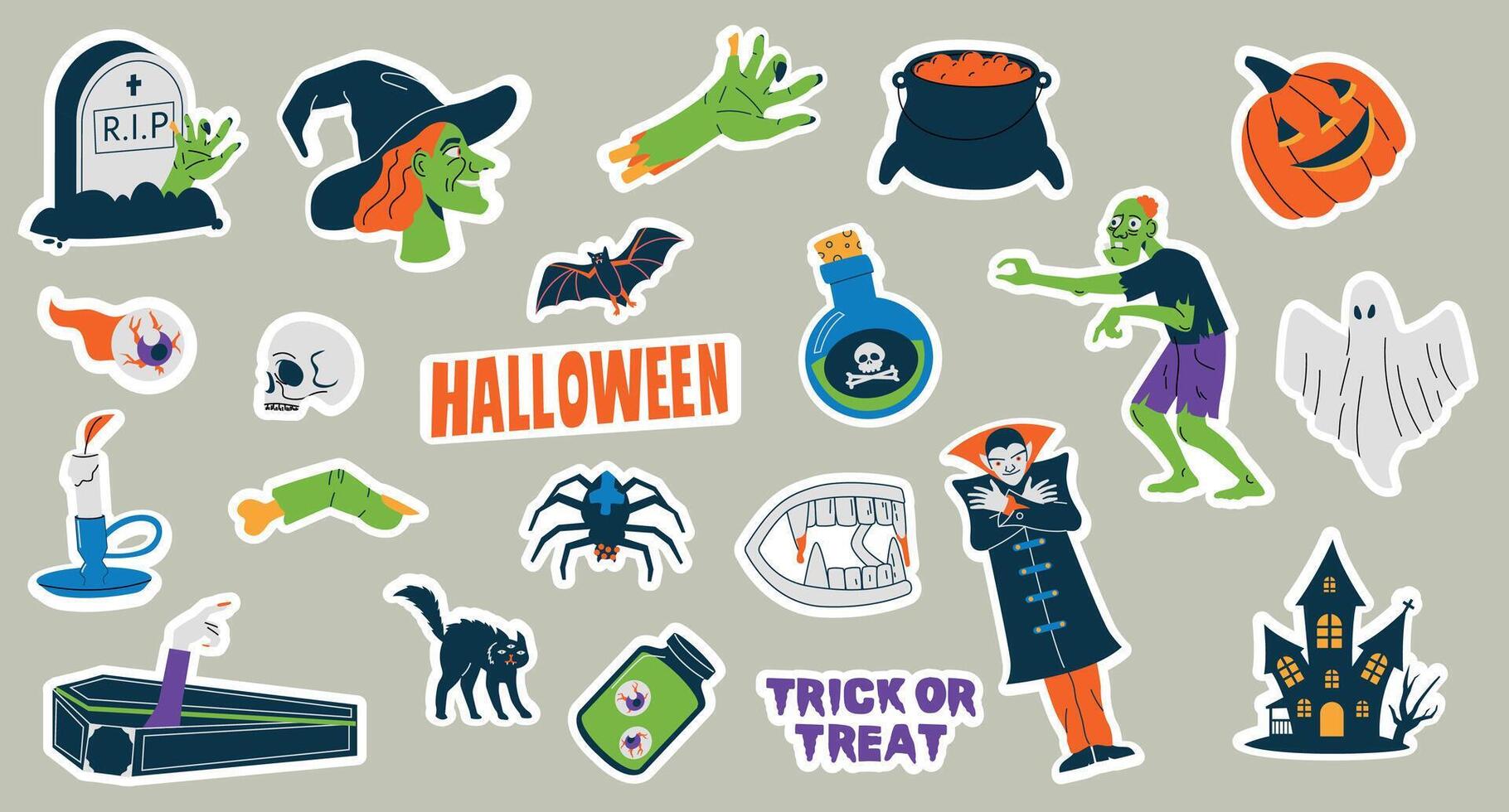Halloween stickers. Cute cartoon scary traditional characters, trick or treats holiday decoration collection flat style, autumn celebration badges. Vector seasonal set