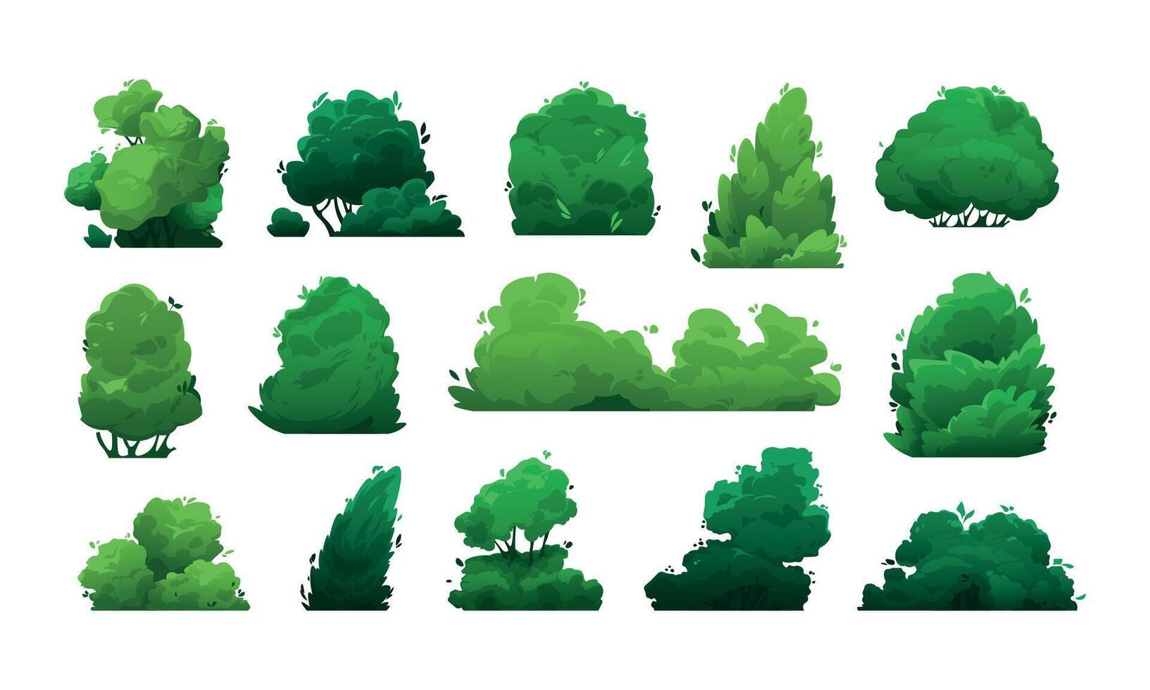 Cartoon bushes. Green shrubs and trees for garden, hedge and field, floristic decorative elements in flat style. Vector isolated set