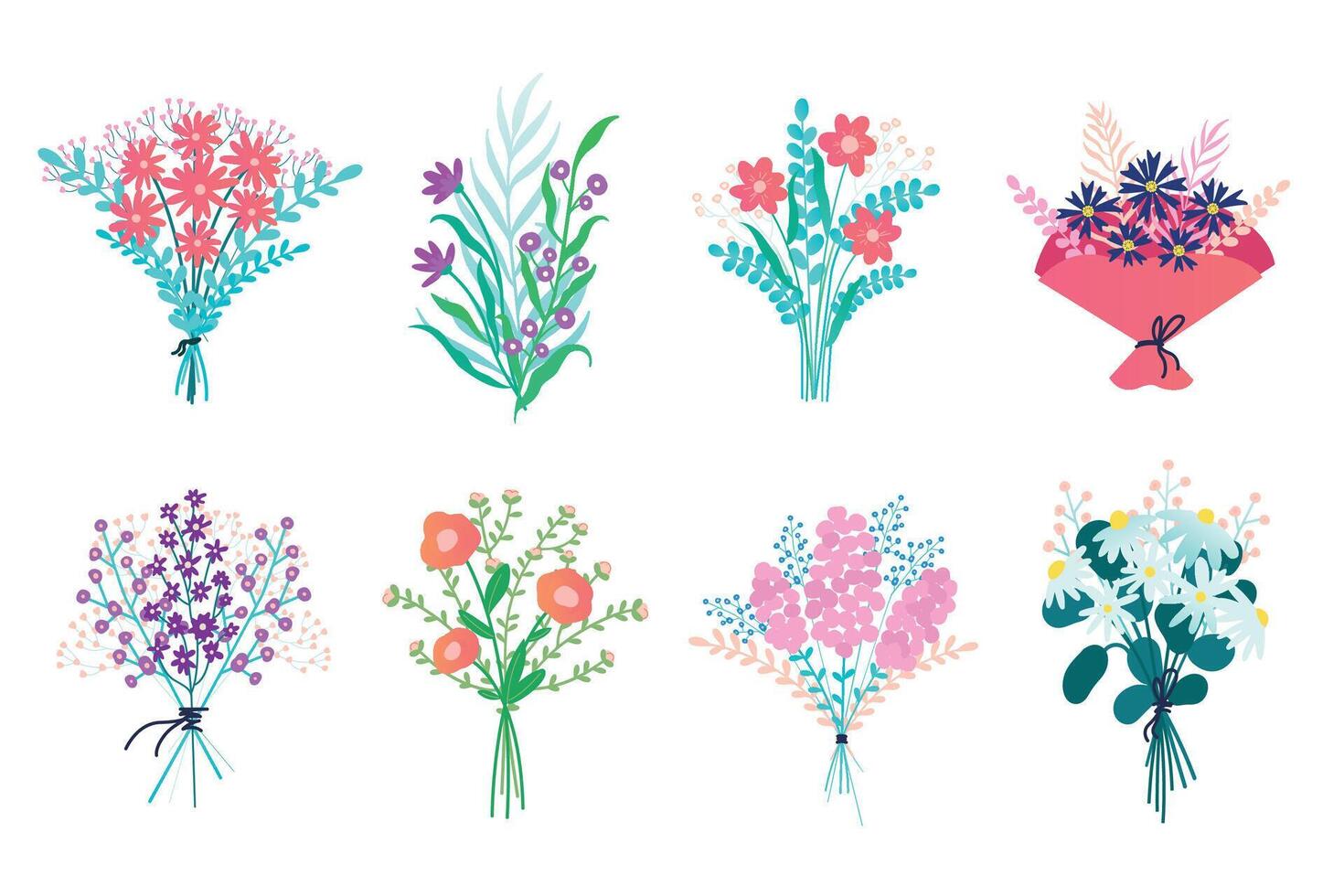 Flower bouquet. Cartoon bunch of floral decorative elements, blooming plants with leaves and flowers for floral birthday card. Vector isolated set