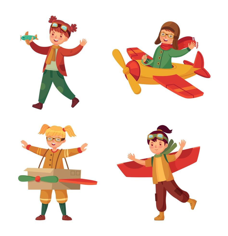 Kids in pilot costumes with toy plane made of card box dreaming of piloting. Little children with paper aircraft wings vector