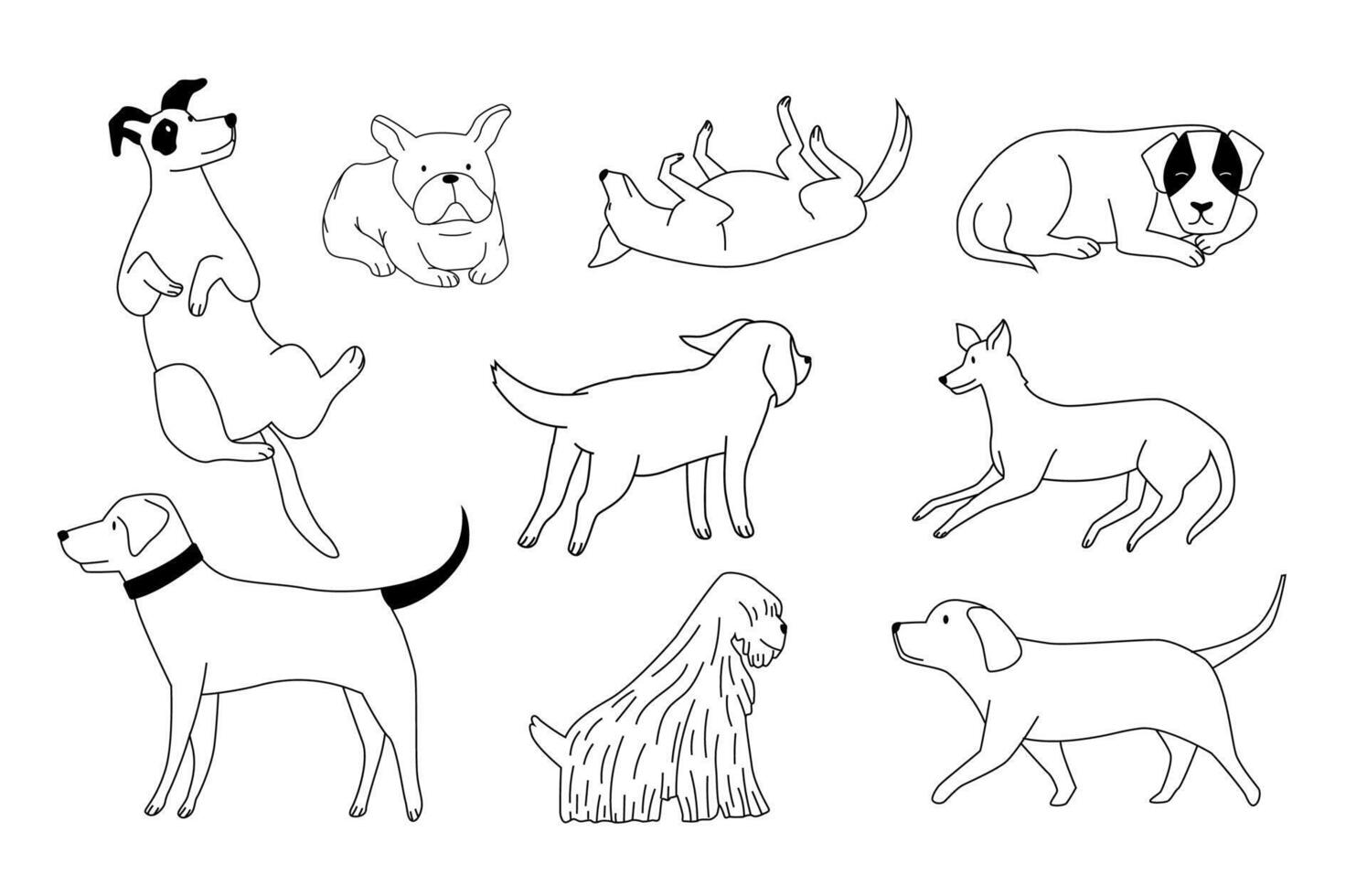 Cute doodle dog. Furry playful domestic animals of different breeds. Adorable puppies outlines in various positions vector