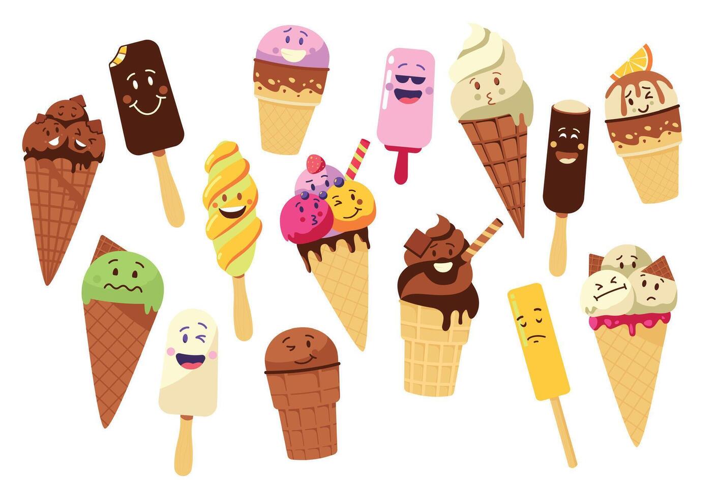 Ice cream character. Cartoon ice pops and frozen fruit ice isolated mascot symbols with cute kawaii faces and happy expression. Vector colorful set