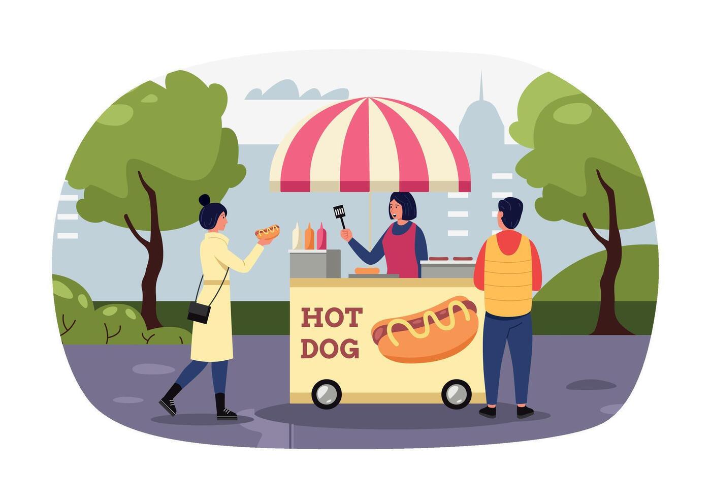 Woman buying hot dog, concept of street food vector