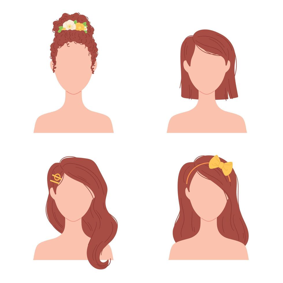 Flat woman hairstyles with flower. Brunette female characters with different haircuts, long and short, curly and straight hair vector