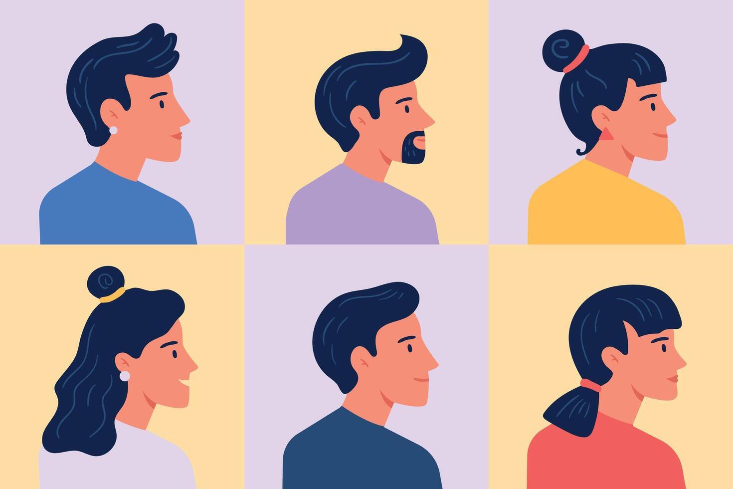 perfil retratos avatares hembra y masculino, mujer y hombre, cabeza cara ilustración vector