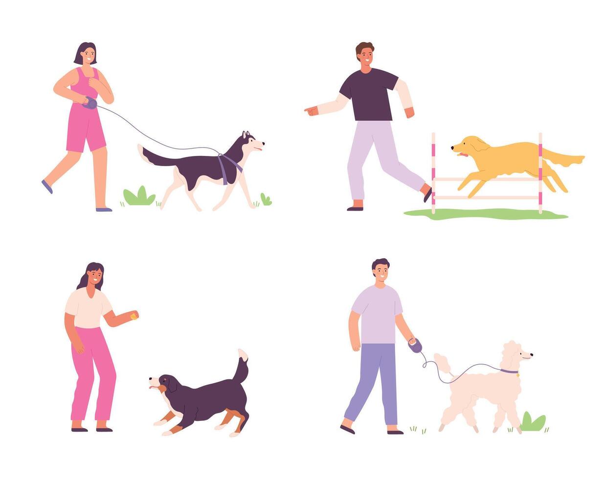 Men and women and domestic dogs activity. People walking with pets. Male and female characters training puppies vector