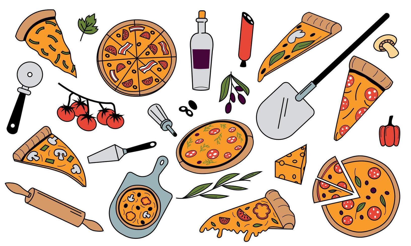Doodle pizza ingredients. Colored national Italian cuisine food with cheese pepperoni tomato and olive oil. Vector restaurant menu graphic elements