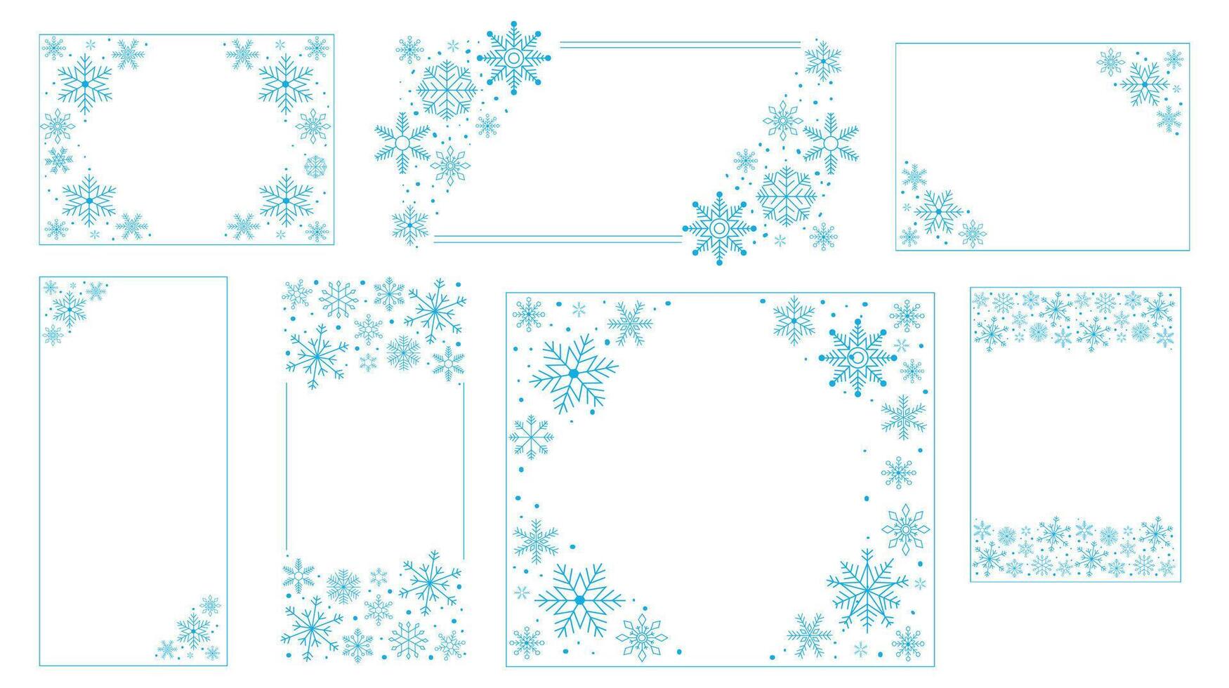 Decorative frames with snowflakes. Vintage luxury festive dividers for titles certificate, filigree winter ornamental corner design. Vector isolated set