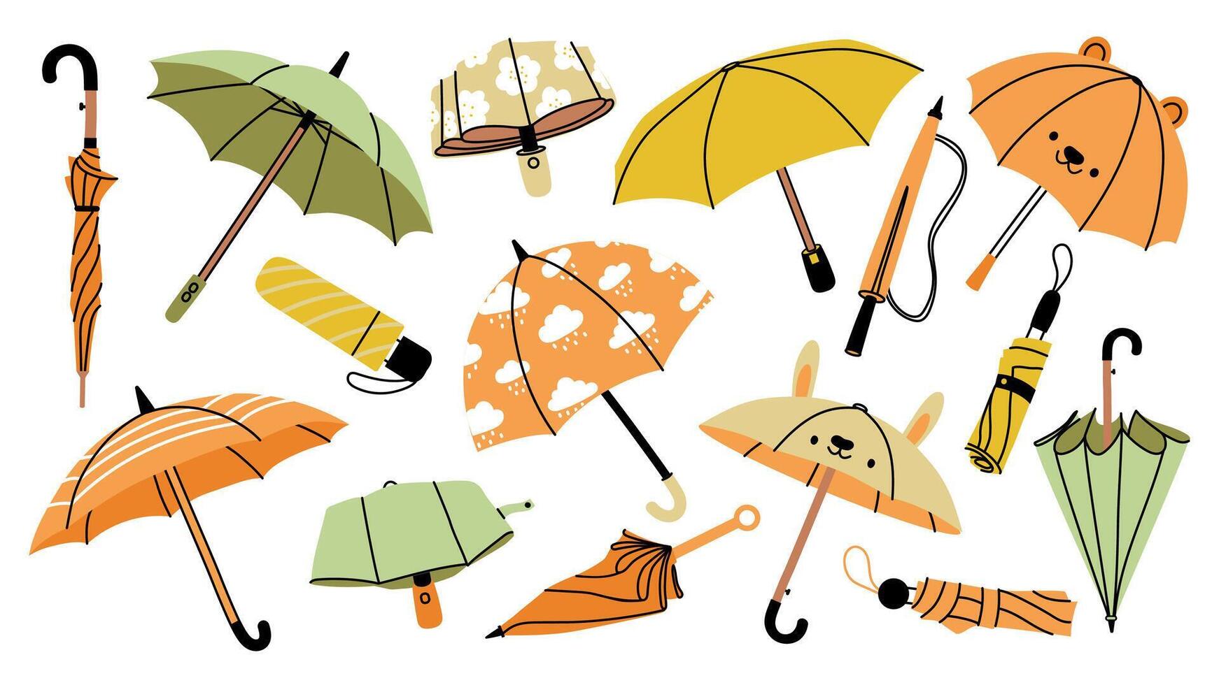 Autumn umbrella. Cartoon raincoats parasols and rain boots for rainy cold weather, colorful folded and opened seasonal wearing. Vector isolated design set