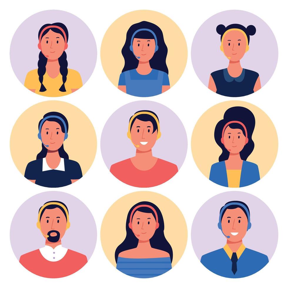 Call center assistant. Female and male characters with headset round avatars. Man and woman workers communicating vector