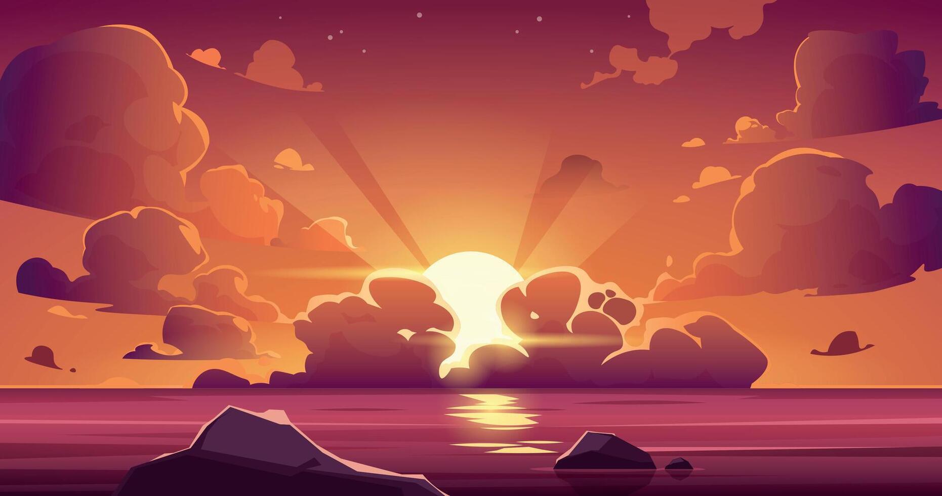 Cartoon sea sunset sky. Ocean beach scenery with floating purple clouds and close shore, sea sun rise backdrop. Vector sunset paradise view illustration