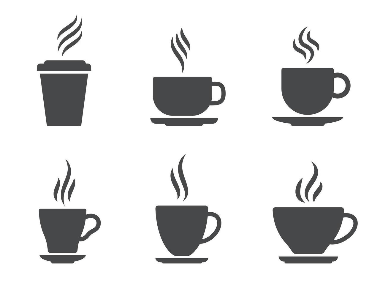 Cup with steam icon. Coffee cup with steam, black silhouette mug with espresso, hot vapouring drink. Vector flat set