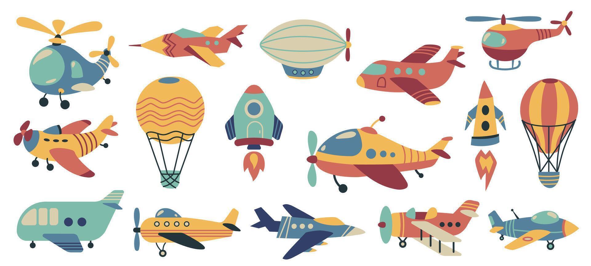 Cute aviation. Doodle colorful air transport, funny airplane helicopter hot air balloon blimp rocket, childish toy aircraft cartoon style. Vector isolated set