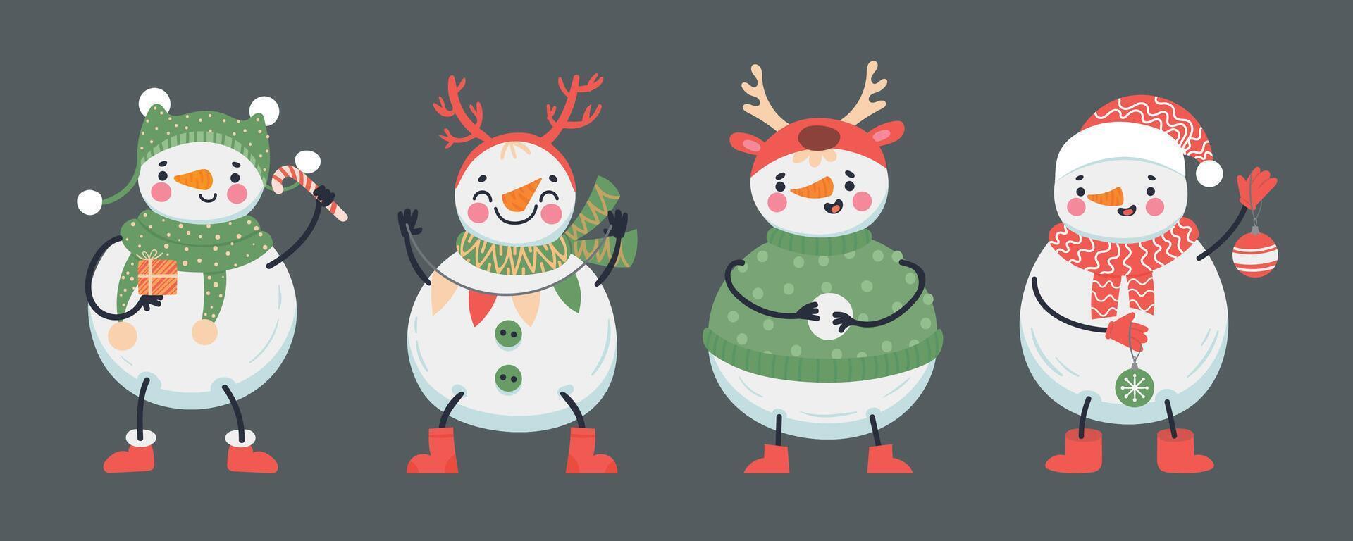 Cute christmas snowmen in winter clothes holding holiday attributes. Characters with cheerful expressions vector