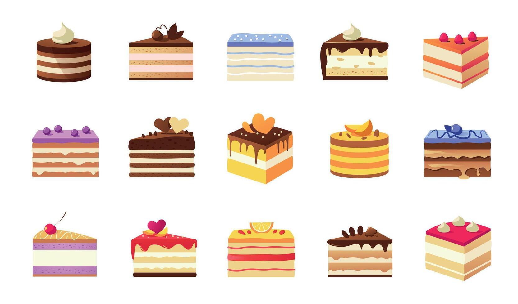 Cartoon piece of cake. Various colorful cake slices, cage and restaurant sweet dessert with cream glaze fruits and biscuits. Vector pastry pieces set