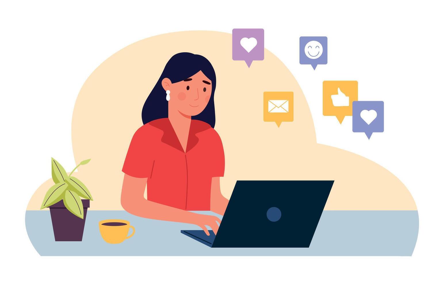 Woman communicating in social media network in laptop vector