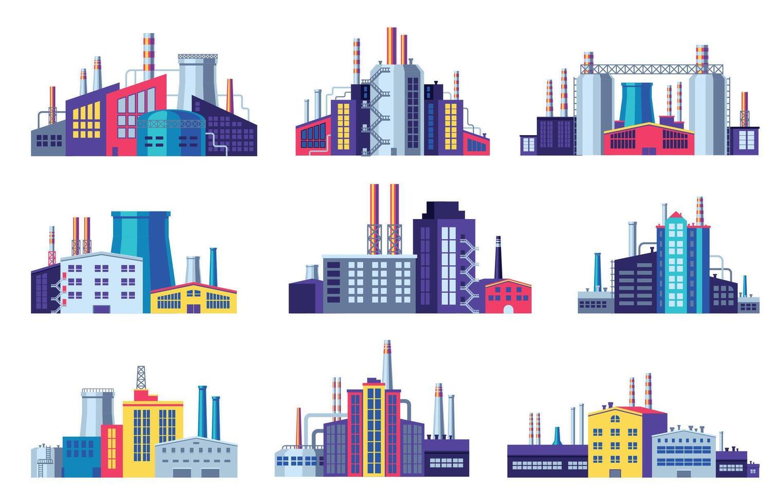 Power stations and factories. Electricity energy industrial buildings, manufacturing warehouse construction urban factory plant icons. Vector cartoon set