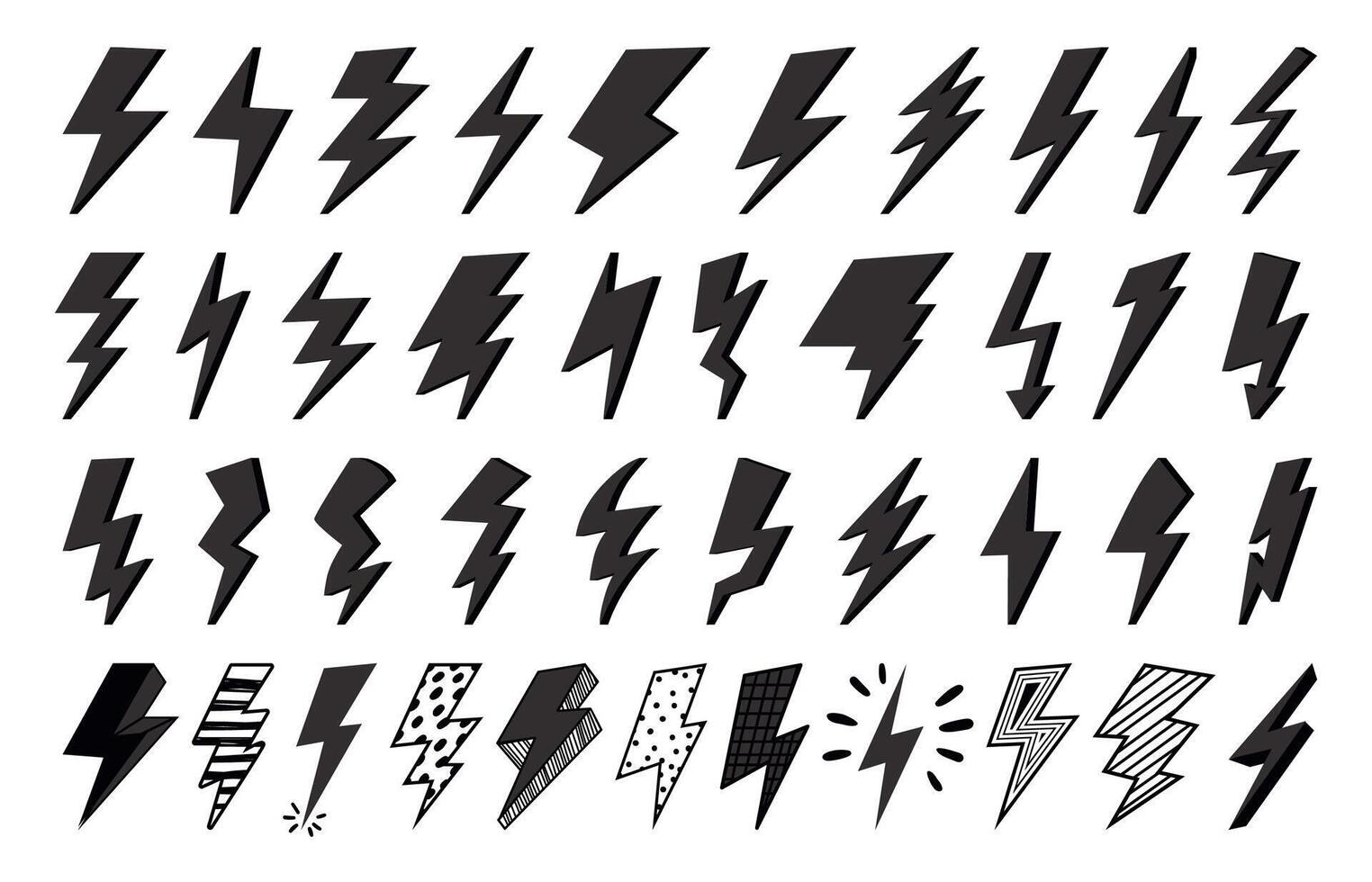 Flash icons. Lightning or thunderbolt storm symbols. Natural or electrical strikes isolated on white. Different elements for charging vector