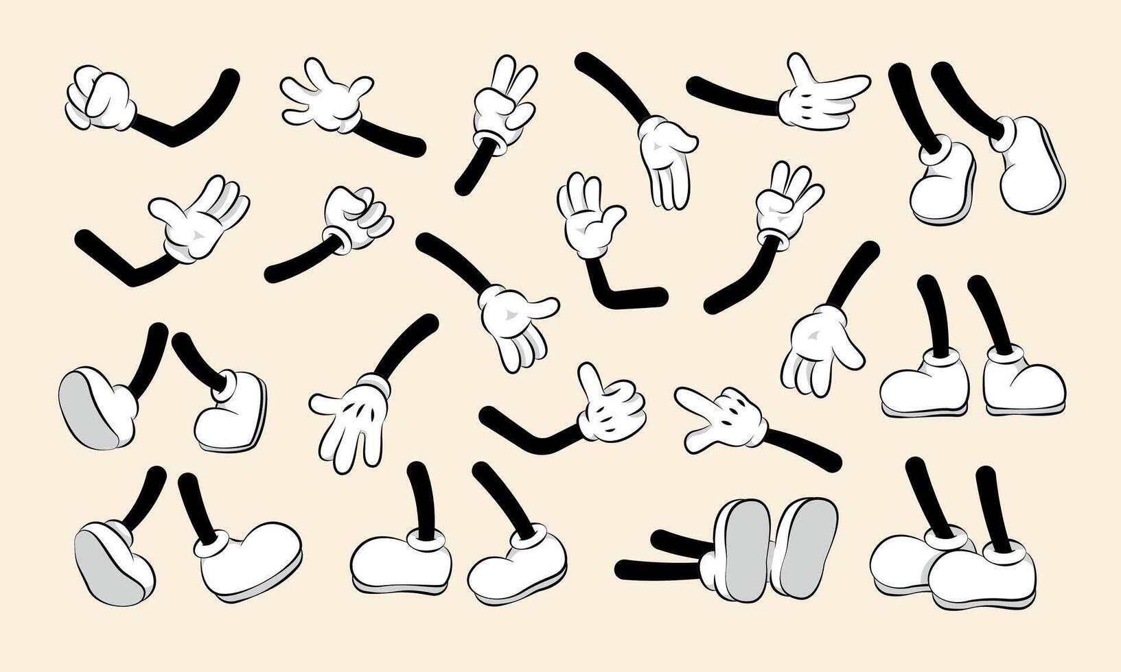 Cartoon hands and legs collection. Cute retro animation white feet and gloves characters body parts, abstract simple funny drawn person gestures. Vector comic set