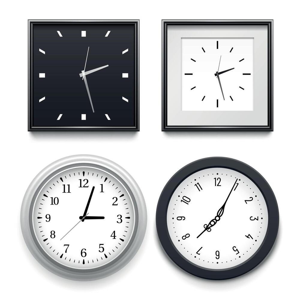 Realistic clocks hanging on wall. Round and square classical clocks in black and silver frames. Dial with digits and without vector
