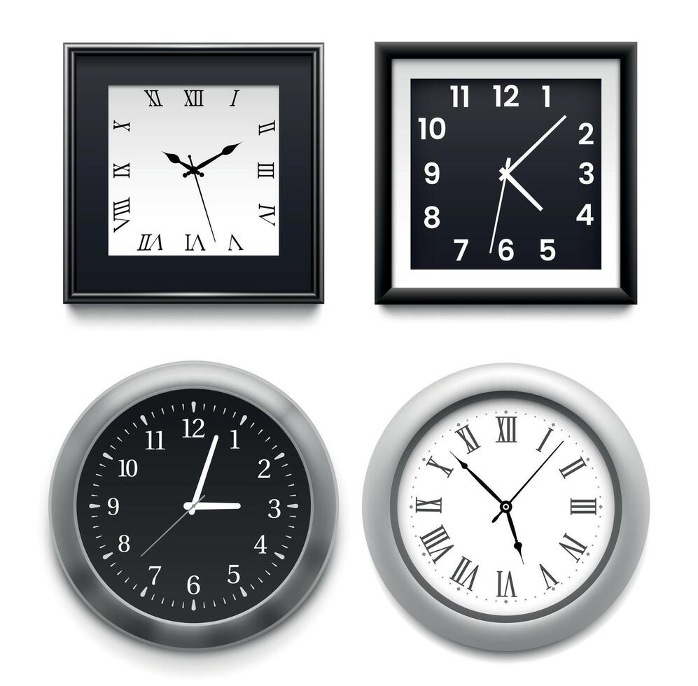 Realistic wall clocks. Modern round and square silver office or home clocks. Classical white and black dial with hands vector