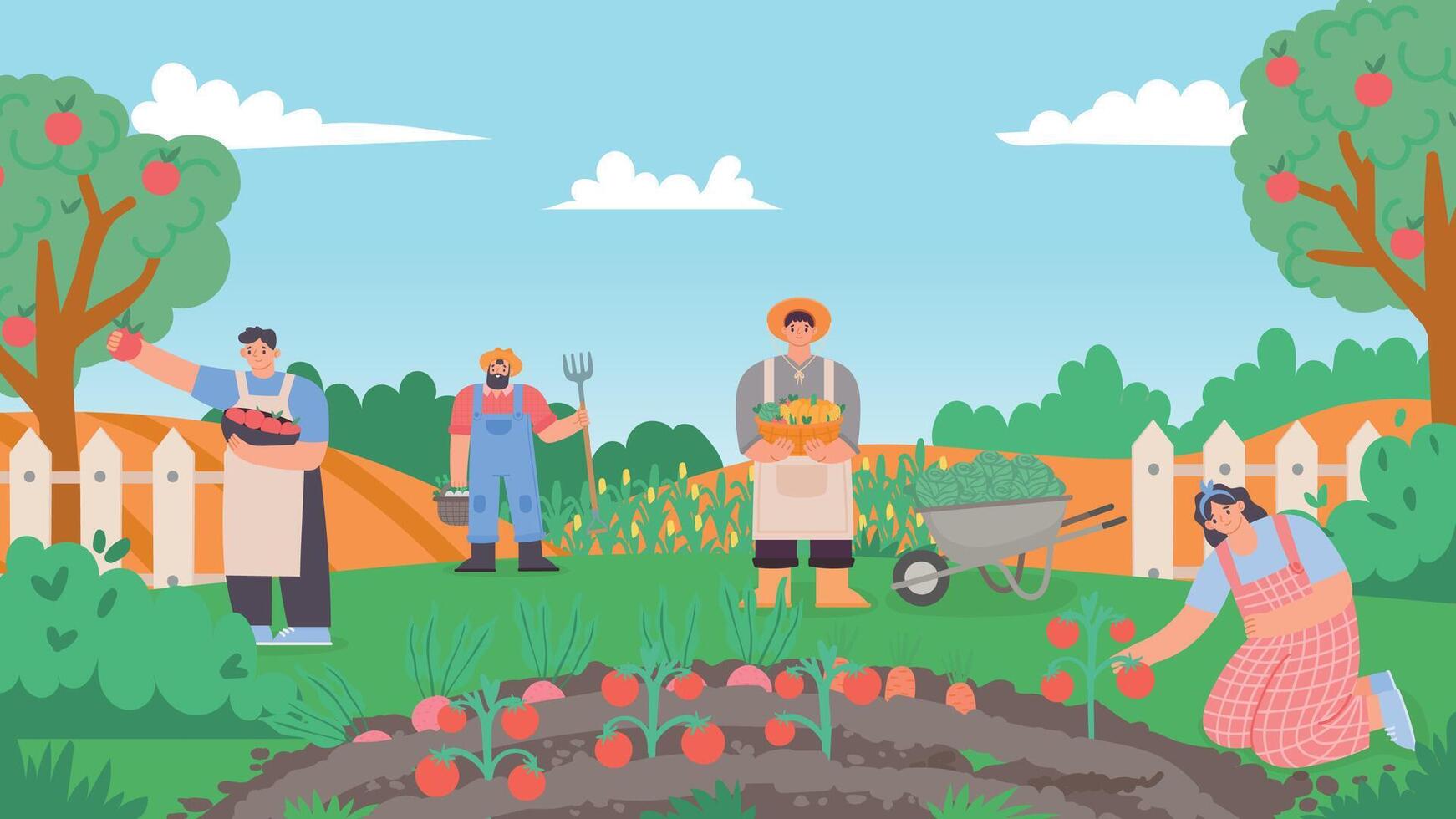 People working at garden or farm, collect harvest vector