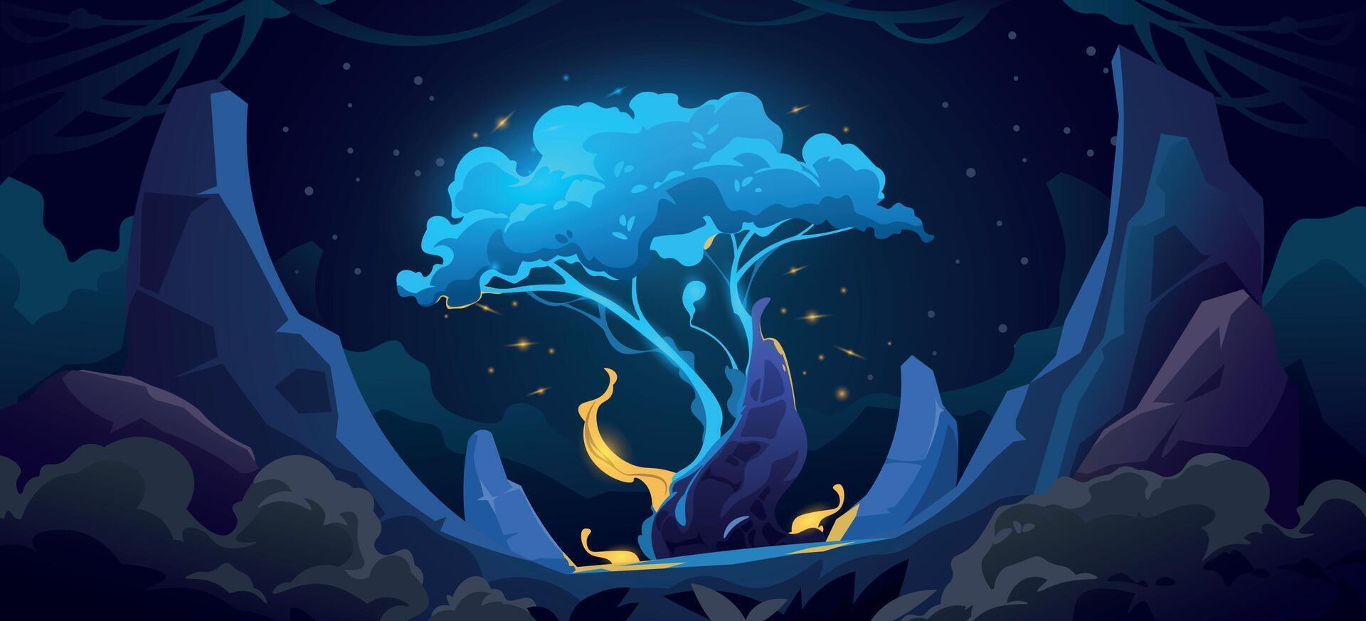 Fantasy tree landscape. Cartoon old forest with trees and bushes, ancient wood scene with fairy tale sacred tree. Vector illustration