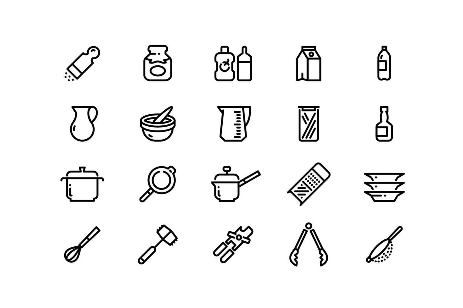 Cooking ware line icons. Kitchen utensils and accessories ketchup and mustard sauces, measuring cup pot frying pan and food containers. Vector editable stroke