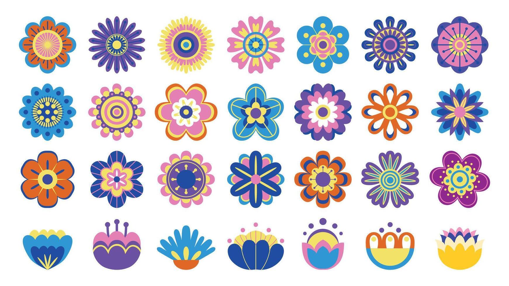 vistoso flor pictogramas. linda dibujos animados floral símbolos, parte superior ver de niños flores ilustración, ornamental flor logo y decorativo elementos. vector aislado conjunto