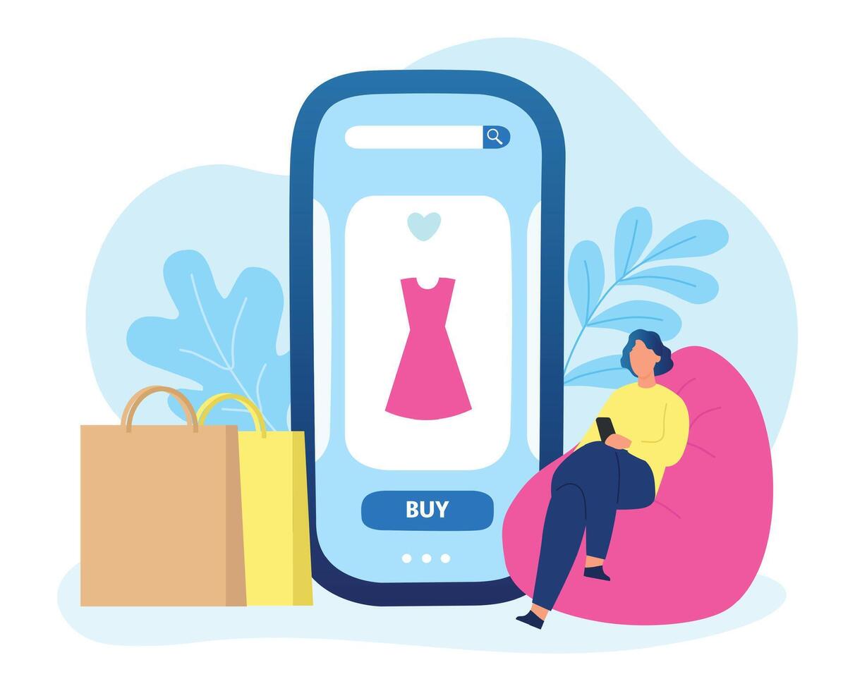 en línea compras, niña comprando ropa con teléfono inteligente vector