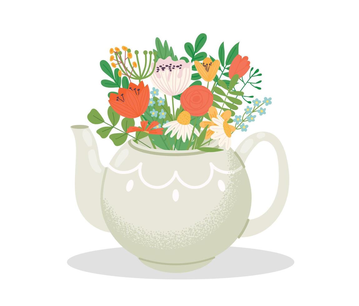 2207 S ST Cute teapot with bouquet of flowers vector