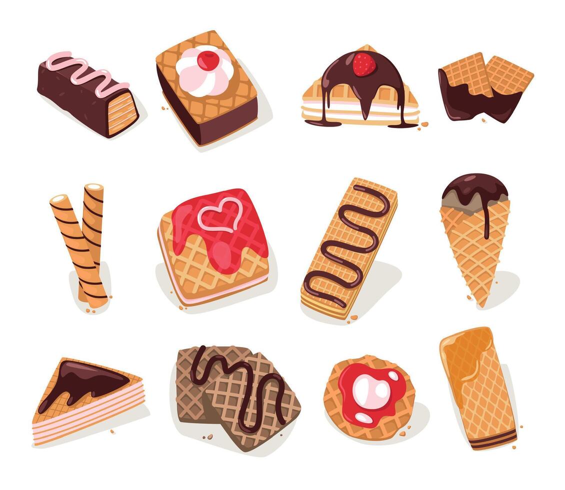 gofre desayuno. dulce crujiente Belga oblea pasteles con diferente empastes y coberturas, delicioso panadería postre bocadillo dibujos animados plano estilo. vector colección
